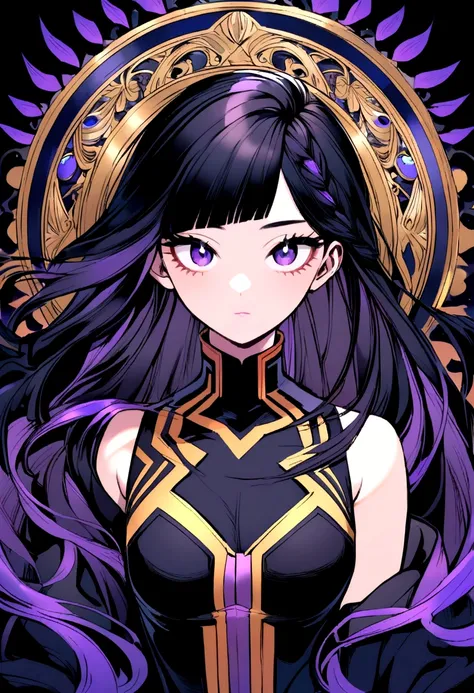 a pretty teenage girl with black hair with purple tips and loose hair bangs, with an all-black sleeveless and high-necked suit MY HERO ACADEMIA STYLE