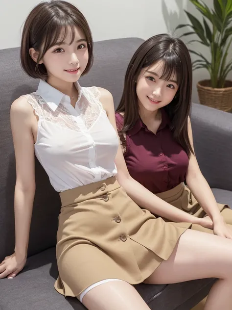 Highest quality、masterpiece、8K、Very detailed、Realistic、(Young face:1.4)、(Looks like an elementary school kid:1.4)、(Two girls are sitting side by side)、(Looking at me with a mischievous smile)、whole body、(Big Breasts)、Thin and beautiful legs、Tight and slim ...