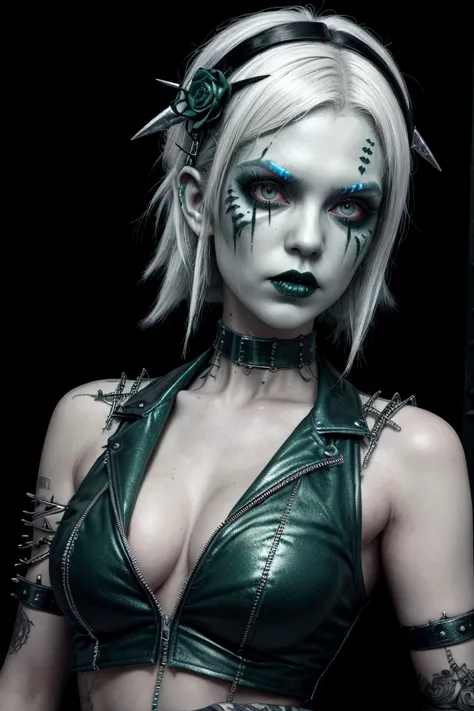  zombie green skin with subtle visible sutures, black and white hair in punk style,  with a blue electric wick. Her fashion style mixes classic elements with a modern, gothic touch., using clothes with metallic details and accessories that refer to screws ...