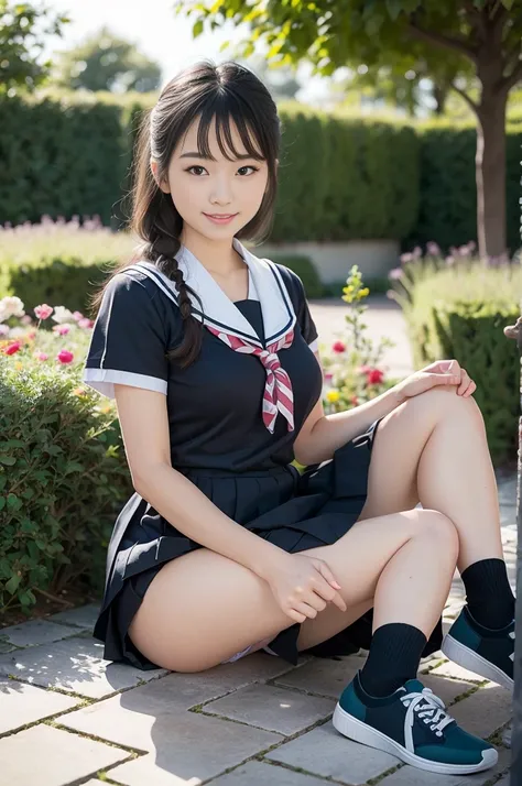 Pure young Japanese school girl, outstanding body, wearing uniform, socks, sneakers, no makeup, natural black hair styles, sexual attractive, (Panty), sweet smile, sitting in traditional garden, professional portrait photography,