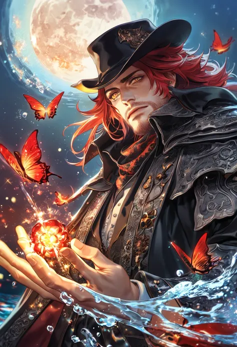 absurdres, highres, ultra detailed, HDR, master piece, best quality, extremely detailed, Ardyn Izunia, red hair, expressive yellow eyes, Final Fantasy XV, solo, sexy man, handsome, black hat, white and black clothes, fantasy, magic, sparkling, water, moon,...