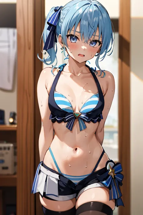 1girl, solo, detailed face, SuiseiSummer, side ponytail, hololive summer 2023 swimsuit, layered bikini, blue bikini, striped bikini, bikini shorts,nsfw,indoor,sweating,thighhighs