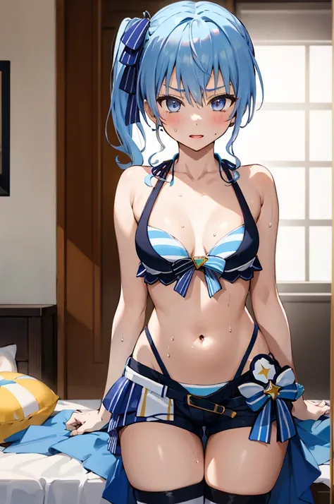 1girl, solo, detailed face, SuiseiSummer, side ponytail, hololive summer 2023 swimsuit, layered bikini, blue bikini, striped bikini, bikini shorts,nsfw,indoor,sweating,thighhighs