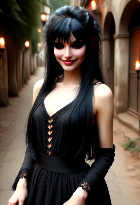 A lithe beautiful goth woman with long black hair (fringe haircut), (mature face:1.4), brass eyes, smiling sweetly, wearing a dark red elegant dress, empty candle-lit medieval street background