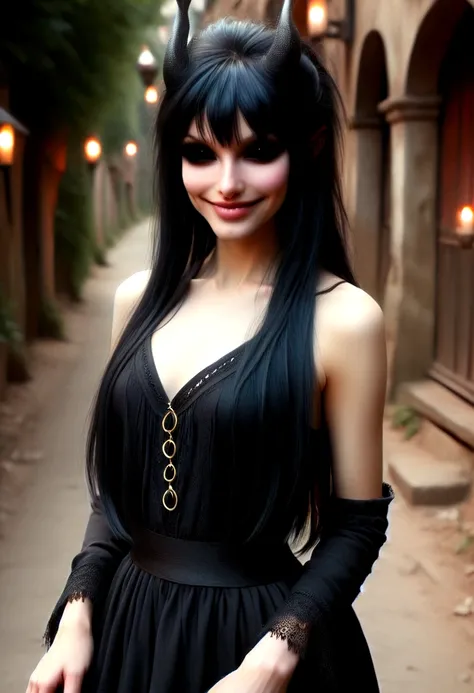 A lithe beautiful goth woman with long black hair (fringe haircut), (mature face:1.4), brass eyes, smiling sweetly, wearing a dark red elegant dress, empty candle-lit medieval street background