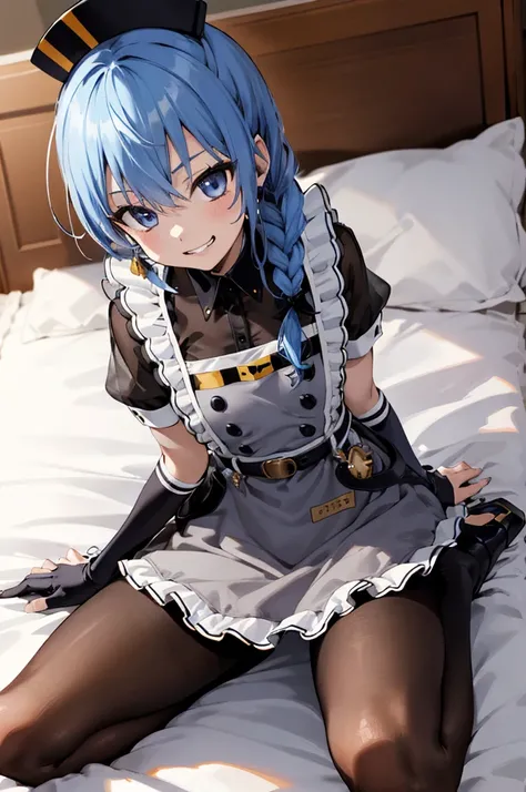 1girl, solo, detailed face, , , SuiseiMaid, long hair, single braid, black nurse cap, double-breasted grey apron, chest belt, elbow gloves, crinoline, (((black pantyhose))),,,,looking viewer,side ponytail,small breasts,on bed,open legs,spread legs,,grin,hi...