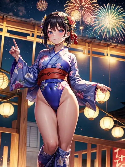 Highest quality,Highest Resolution,(((Yukata leotard)))Beautiful smiling girl,Night view,Fireworks,High leg,Yukita,