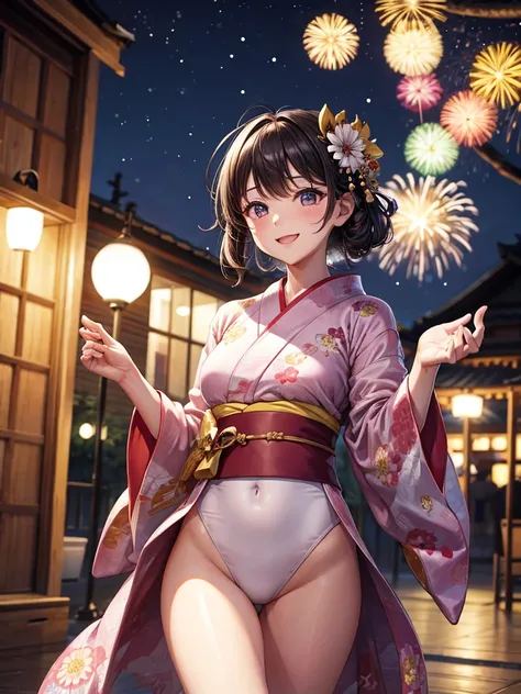 Highest quality,Highest Resolution,(((Yukata leotard)))Beautiful smiling girl,Night view,Fireworks,High leg,Yukita,