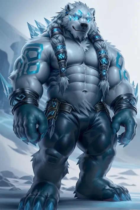 (Volibear/(League of Legends)), ((blue eyes, black sclera,glowing eyes,eye tattoo,arm tattoo,muscular, muscular male,abs, braided hair,hair accesory, glowing runes,ice spikes,ear ring, earrings)), (pose:1.3), (posing:1.3), (soft shading), 4k, hi res, five ...