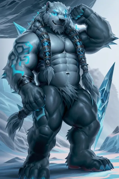 (Volibear/(League of Legends)), ((blue eyes, black sclera,glowing eyes,eye tattoo,arm tattoo,muscular, muscular male,abs, braided hair,hair accesory, glowing runes,ice spikes,ear ring, earrings)), (pose:1.3), (posing:1.3), (soft shading), 4k, hi res, five ...