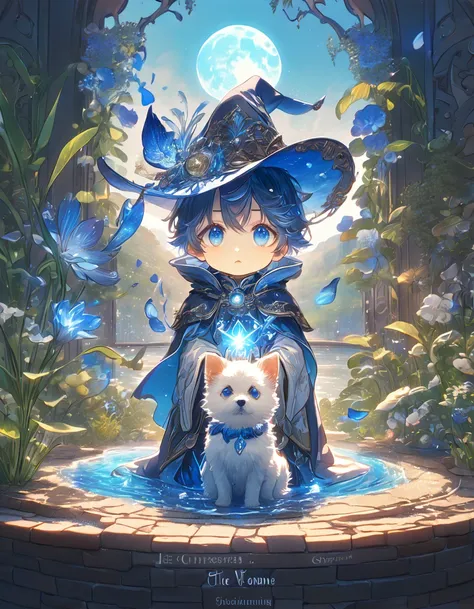 absurdres, highres, ultra detailed, HDR, master piece, small dog, white dog, expressive blue eyes, magical hat, cute, best quality, blue moon, flowers, fantasy, magical, solo, water, blue shining fireflies, blue petals, cape, the word "Krozseria" is writte...