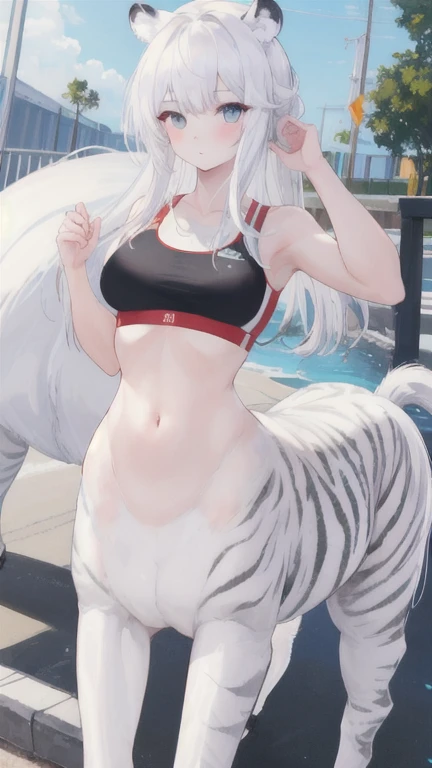 (best quality, masterpiece), 1 girl, centaur, It takes, White skin, Korean , exposing the abdomen,sports bra, 아름다운 소녀 perfect white tiger photo, perfect white tiger photo