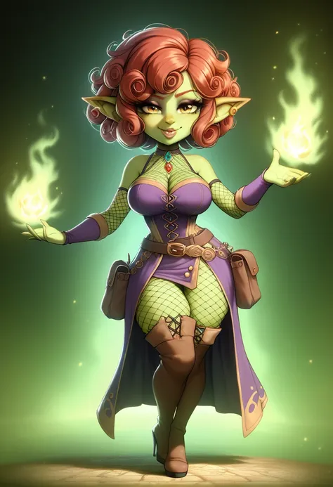 girl, goblin girl, goblin, green skin, short, short stature, short hair, red hair, curly hair, large breasts, long gloves, thigh...