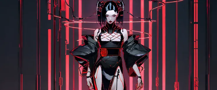 girl with black hair, medium, cyberpunk,  geisha, standing, full body, fair skin, glowing skin, red, neon, wires, tied,