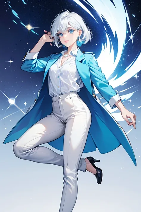 She wears a light cerulean jacket with a moderate opal popped collared shirt and a white undershirt beneath, along with a pair of white earrings and a small goldish white necklace. She also wears light cerulean pants and white high heel shoes. SPARKLE; GLI...