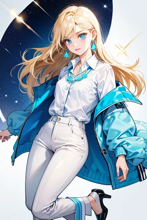 She wears a light cerulean jacket with a moderate opal popped collared shirt and a white undershirt beneath, along with a pair of white earrings and a small goldish white necklace. She also wears light cerulean pants and white high heel shoes. SPARKLE; GLI...