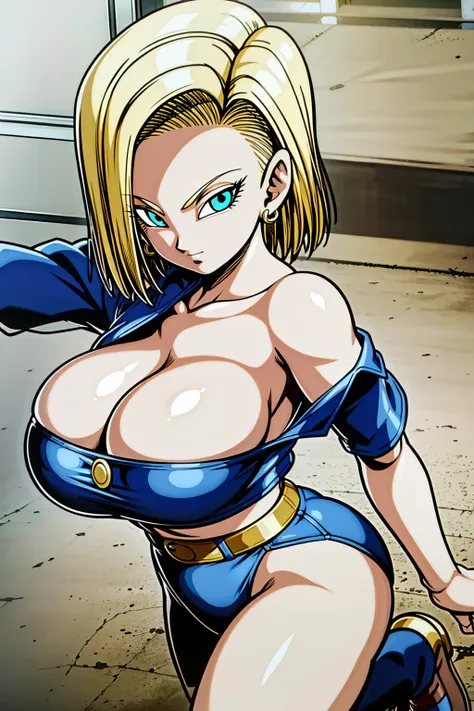 masterpiece, Detailed face, 
Android 18,  Buu Saga, , One girl, alone, View your viewers, short hair, blue eyes, Blonde, clavicle, 
Field, bedroom,((Huge boobs:1.2)),Cleavage,  Upper Body, lying 、Upper Body裸、belly button、Hoop Earrings, shoes,pants,