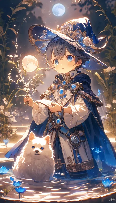 absurdres, highres, ultra detailed, HDR, master piece, small dog, white dog, expressive blue eyes, magical hat, cute, best quality, blue moon, flowers, fantasy, magical, solo, water, blue shining fireflies, blue petals, cape, the word "Krozseria" is writte...