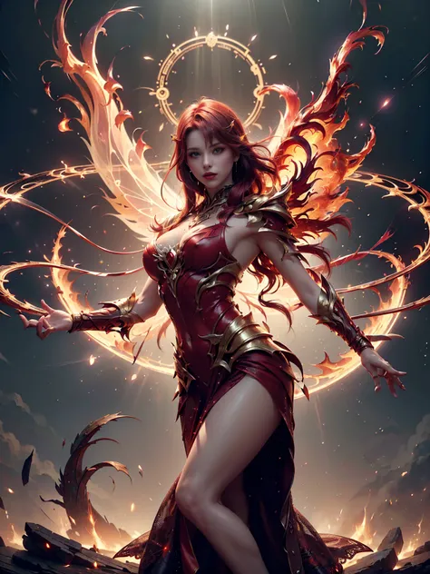 Frontal, close up, floating in the air, ((1 woman, she is a fire fairy, alone, luminescent red hair, medium and shiny hair, thick lips, red eyes, fairy wings, ethereal beauty.)) fire wings, ((He holds a golden, flaming staff with both hands)) ((she is dres...