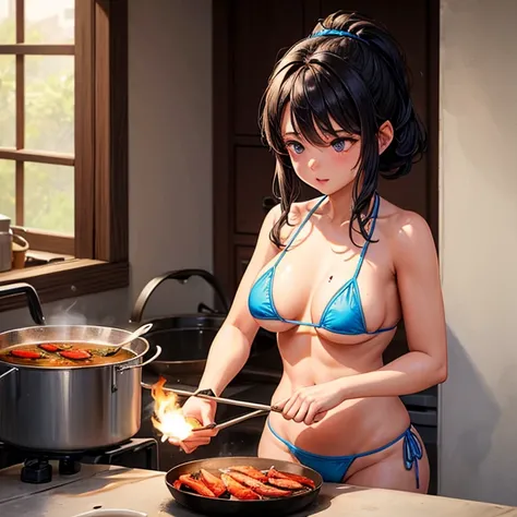 A girl in a micro bikini cooking a tandoor pot　　