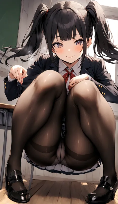 One girl in a mini skirt, Squat with your legs wide apart、Looking down at the viewer, Twin tails, Highest quality, Focus on the thighs, Dynamic pose, smile, blazer, blouse, Black Pantyhose, panties under pantyhose, , classroom, Black Hair,My thighs are ste...