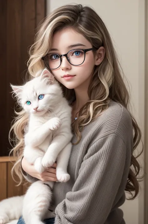 One with glasses and wavy hair with a white kitten with one eye of each color