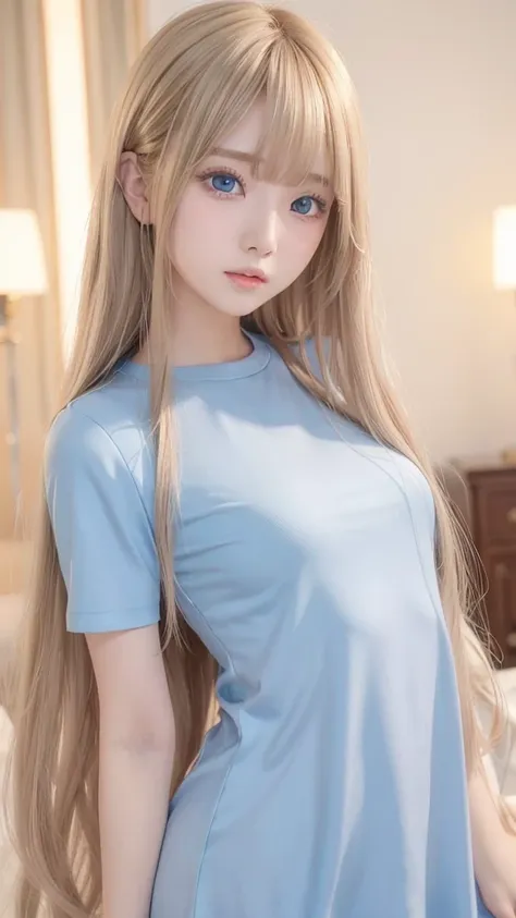 golden shiny hair、super long straight silky hair、dazzling blonde super long silky hair、16 years old cute little beautiful face、a...