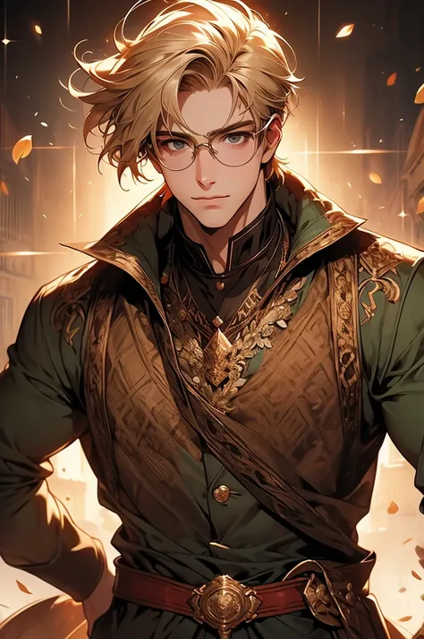 [32k, 8k, very detailed image, masterpiece], young man, naturally handsome, 23 years old, medium blond hair, light brown eyes, large round glasses, [looking fixedly at the viewer], shaved beard, noble adventurer outfit olive color, guild background, [[gent...