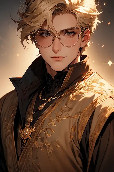 [32k, 8k, very detailed image, masterpiece], young man, naturally handsome, 23 years old, medium blond hair, light brown eyes, large round glasses, [looking fixedly at the viewer], shaved beard, noble adventurer outfit olive color, guild background, [[gent...