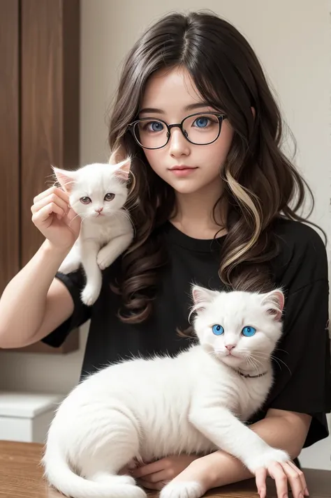 One with glasses and wavy hair with a white kitten with one eye of each color