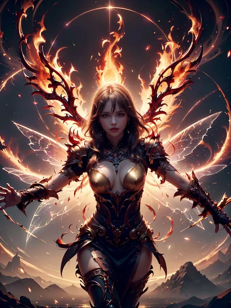 Frontal, close up, floating in the air, ((1 woman, she is a fire fairy, alone, luminescent blond hair, medium and shiny hair, thick lips, red eyes, fairy wings, ethereal beauty.)) fire wings, ((He holds a golden, flaming staff with both hands)) ((she is dr...