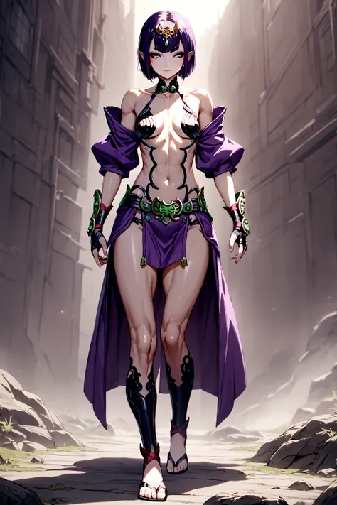 Shuten, arm guards, armor, black gloves, bodysuit, fingerless gloves, gloves, japanese armor, kote, loincloth, purple bodysuit, ribbed sleeves, tabard, toned, breasts, full body.