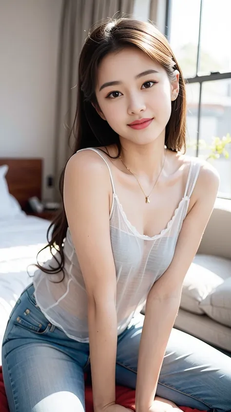 ((Top quality、8K、Master School:1.3、In the company、OL、Office casual setting、 (1 cute korean stars,Large breast bulge) ,Long hair，, 32 inches chest size, Grey Camisole Vest, shorts,White shoes , Nikon, Ultra HD 1 Girl、slender beauty:1.3、Super detail face、Exq...