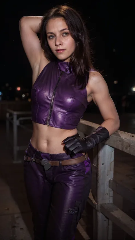 (masterpiece), (photorealistic1.4), (1 girl), (solo), (best quality), (epiCRealLife), (Kate Bishop long hair), (sleeveless top), (kateb2023 black utility belt), (kateb2023 purple costume), (purple pants) (kateb2023 purple sleevless bodysuit), (kst3w),(whit...