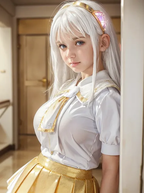 (shiny white skin:1.4),(a girl with big breast:1.3),(cute face:1.4) , (bangs:1.1),(full white hair :1.5) ,,(white blouse:1.4),(gold junior high school uniform:1.4) ,(cute hip and nose:1.3),