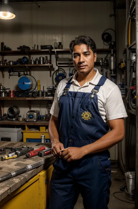 Technician with Ecuadorian features, specialist in diesel engines, talking about rotary injection pumps in a workshop with all his protective equipment and in the background with the tools necessary for the operation of the workshop. 