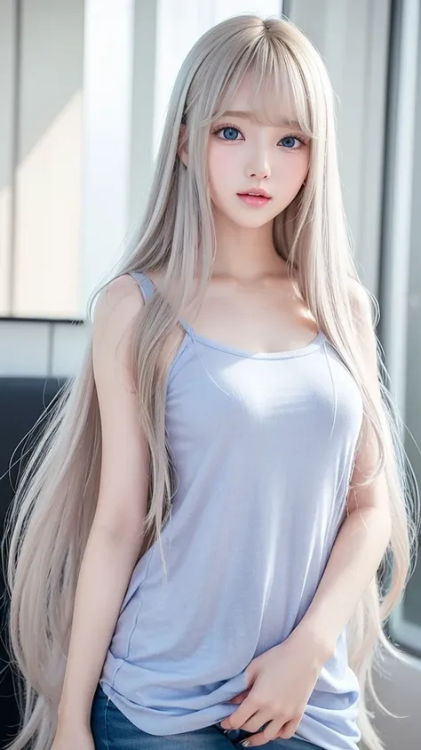 silver shiny hair、super long straight silky hair、dazzling blonde super long silky hair、16 years old cute little beautiful face、a...