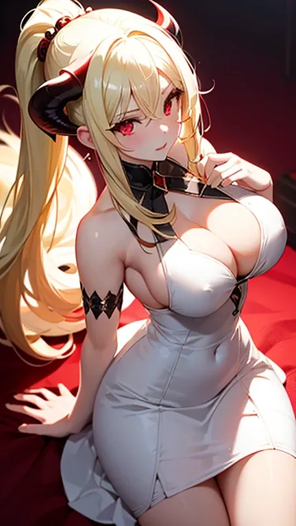 1 succubus girl, white dress, blonde hair, pale skin, high ponytail, hair between eyes, red eyes , big breast, brown horns,