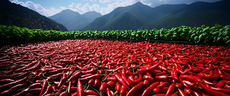 Realistic,Very realistic,Extreme Detail,Breathtakingly realistic,High contrast realism,High Saturation Realism,Vibrant colors, Chilis, Red peppers, basil, Dramatic lighting,Fascinating landscape,Persuasive storytelling,Atmospheric scenery,Captivating visua...