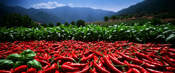 Realistic,Very realistic,Extreme Detail,Breathtakingly realistic,High contrast realism,High Saturation Realism,Vibrant colors, Chilis, Red peppers, basil, Dramatic lighting,Fascinating landscape,Persuasive storytelling,Atmospheric scenery,Captivating visua...