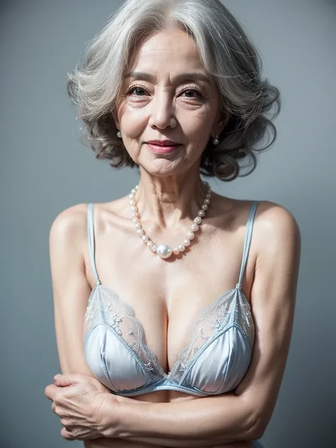 Beautiful elderly woman, cute,sexy,55 years old,,sexy,Wear a pearl necklace, old woman,Big saggy  Breasts, Light blue revealing dress, White embroidered bra, Curly Hair, plain grey background