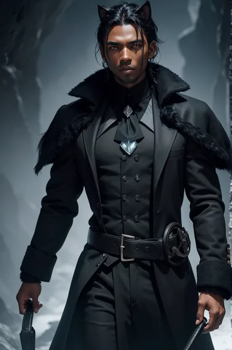 man with black wolf ears, darkskin,Bblack hair ,one eye dark green and the other black.black leagwear ,black greatcoat, cord with a crystal.icy cave background.photo face to chest 