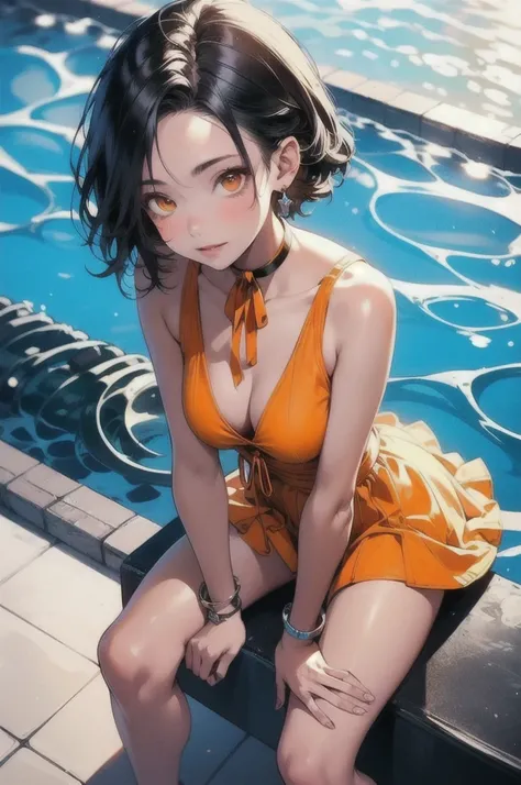 masterpiece, Highest quality, Perfect Face, Highest Resolution, Highest quality,Detailed depiction of the eyes, 1 Girl, young, Dark brown skin, slate gray hair, short hair, Upturned eyes, Yellow orange eyes, Perfect Anatomy, Ribbon choker, Large swimming p...