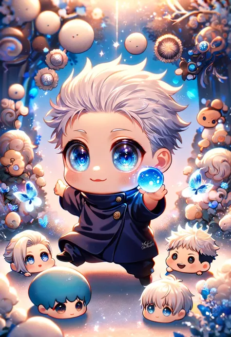 absurdres, highres, ultra detailed, HDR, master piece, best quality, extremely detailed, Gojou Satou chibi, white hair, expressive blue eyes, white eyelashes, Jujutsu Kaisen, cute blue mushroom with face, cute, small, solo, magical, fantasy, magic, blue fo...