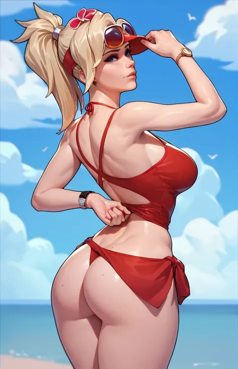 score_9,score_8_up,score_7_up,score_6_up ,source_overwatch score_9, score_8_up, score_7_up,  1woman, solo, mercy (overwatch), high quality, at beach, red swim bikini, red cappy, baywatch