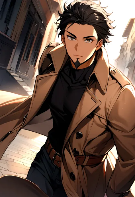 20 year old boy, Bblack hair, goatee, eyes browns, trench coat