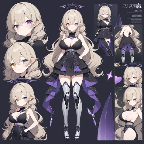 1 tall girl, long dark blonde hair, slim build, wavy hair with knee length curls, small face, sectoral heterochromia (one gray eye and one light purple eye), star ribbon on the right side of the hair, She has a short double braid on the left and right side...