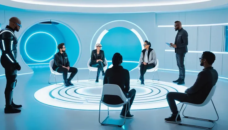 The modern and futuristic rehabilitation center provides ongoing group therapy sessions. People of different ages and genders, dressed in futuristic attire, gather in a circle. The well-lit room sets the stage for a young individual wearing glasses who sta...