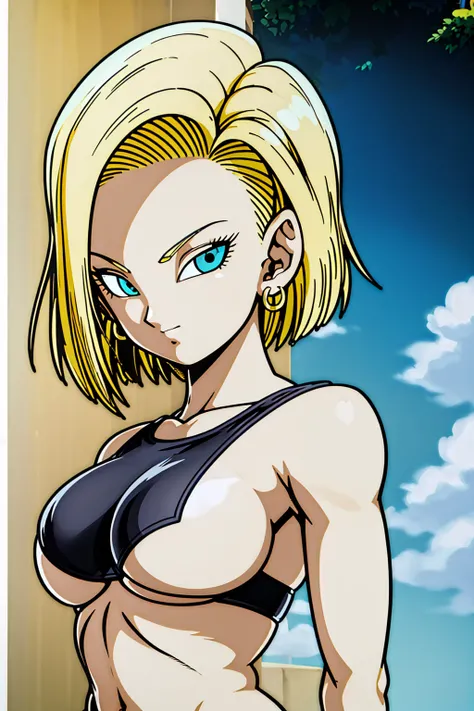 masterpiece, Detailed face, 
Android 18,  Buu Saga, , One girl, alone, View your viewers, short hair, blue eyes, Blonde, clavicle, 
Field, bedroom,((Upper Body裸、Big Boobs:1.2)),  Upper Body, lying 、Upper Body裸、belly button、Hoop Earrings,pants,