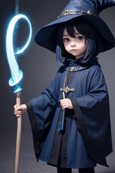 Cute wizard with a dark appearance, with a staff, a dark blue pointed hat, does not show the face, cute like a chibi 